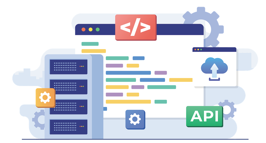 Illustratie van webdevelopment, API-integraties en serverinfrastructuur