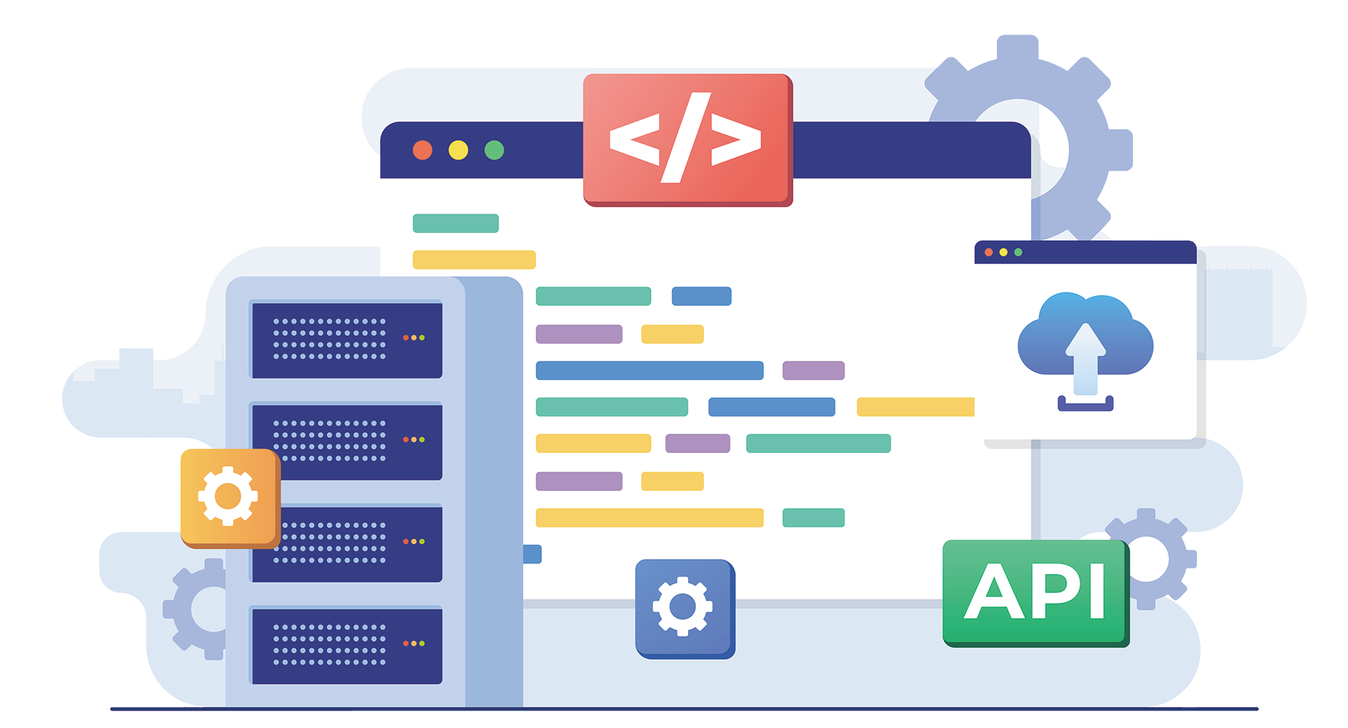 Illustratie van webdevelopment, API-integraties en serverinfrastructuur