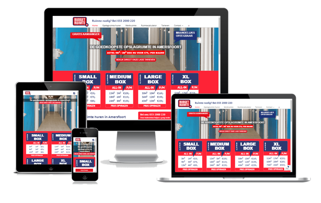 BudgetRuimte website op desktop, laptop, tablet en smartphone