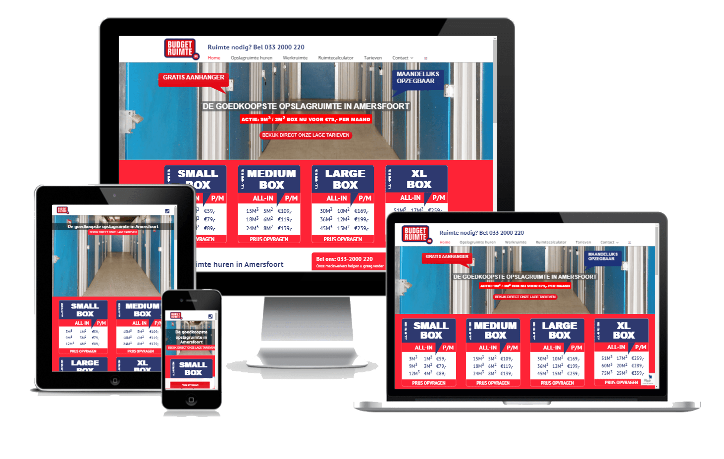 BudgetRuimte website op desktop, laptop, tablet en smartphone