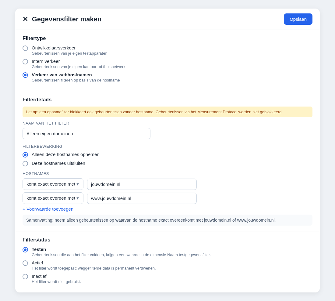 Voorbeeldscherm Gegevensfilter maken met filtertype Verkeer van webhostnamen, de filterbewerking Alleen deze hostnames opnemen, de hostnames jouwdomein.nl en www.jouwdomein.nl en de filterstatus Testen