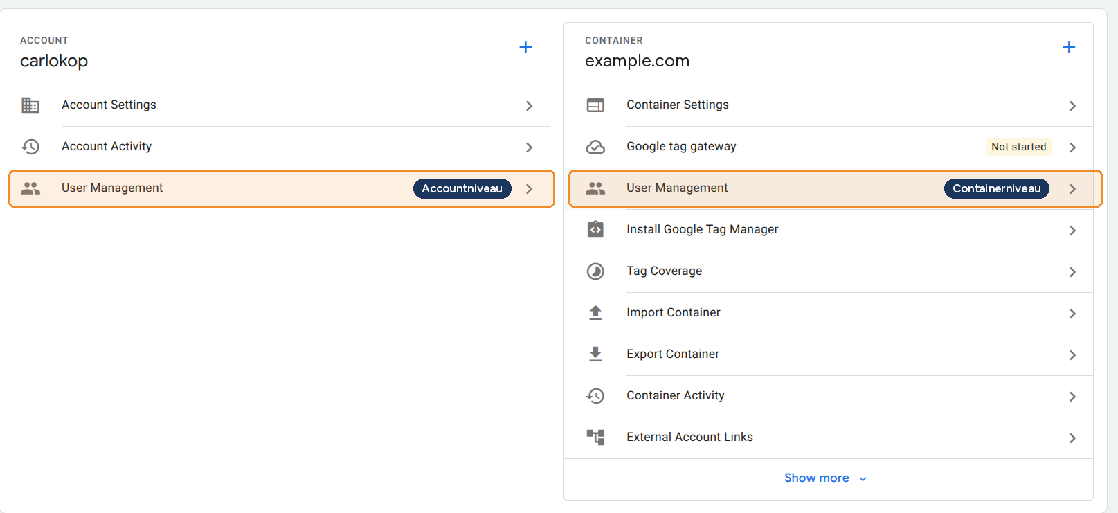 GTM user account instellingen op account of containerniveau