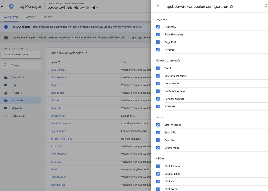 ingebouwde variabelen in google tag manager