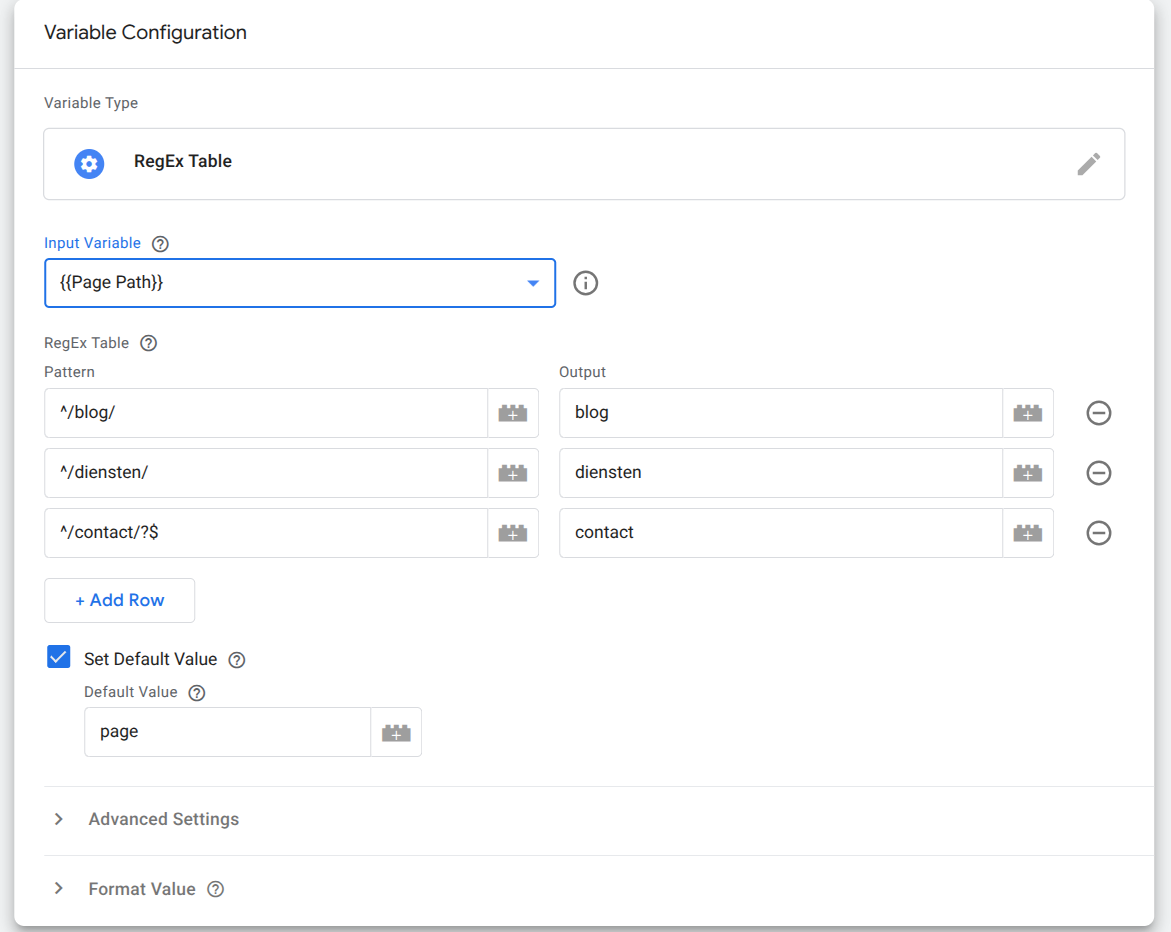 RegEx-tabel in Google Tag Manager