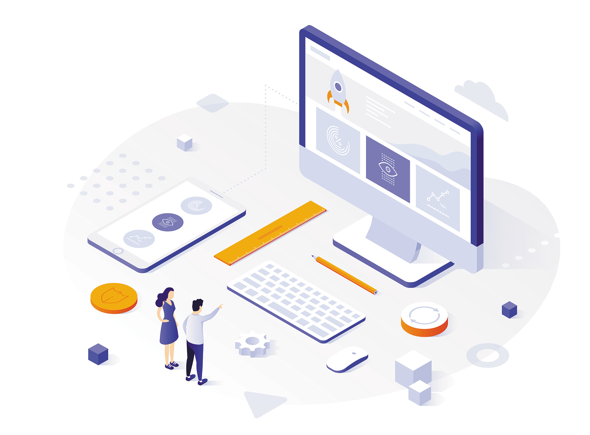 Isometrische illustratie van webdesign en devices