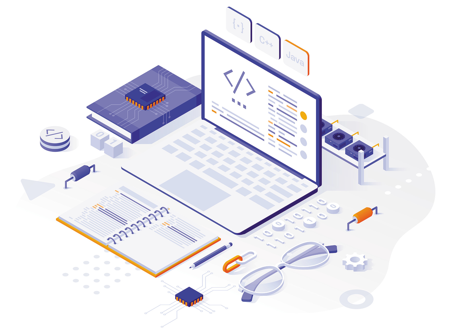 Isometrische illustratie van webontwikkeling, code en technologie