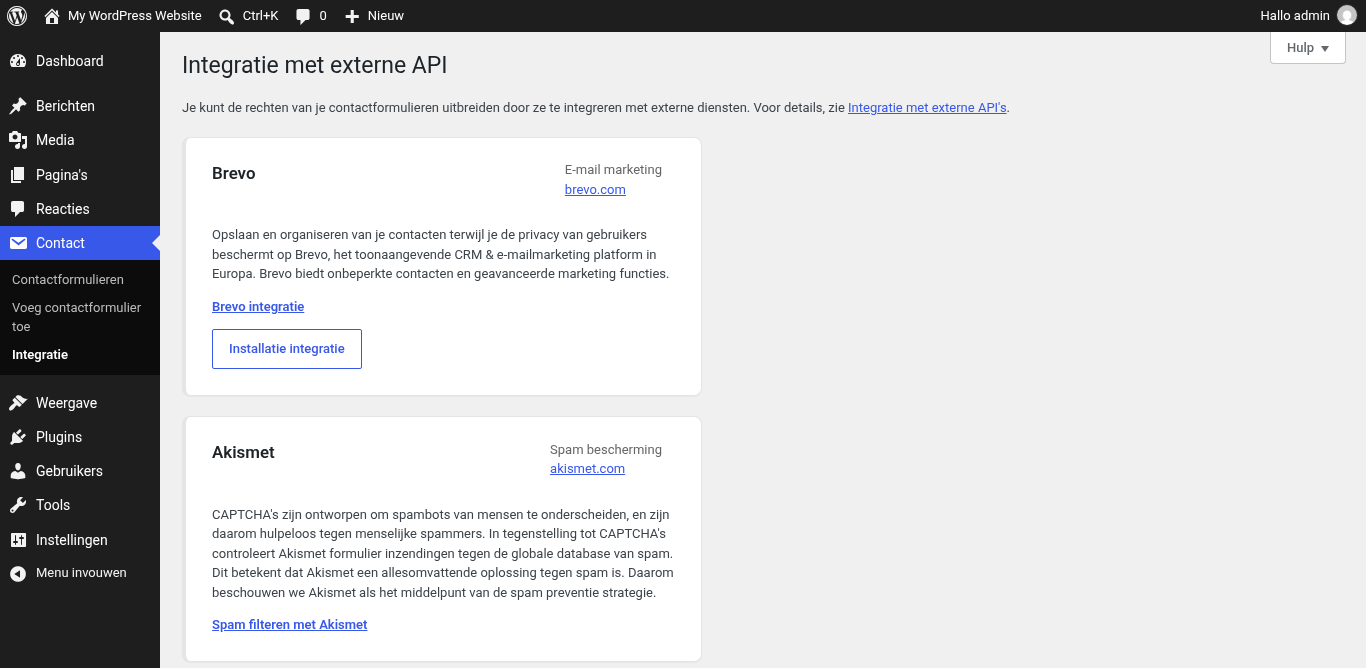 WordPress-beheer met de Contact Form 7-pagina Integratie, met beschikbare koppelingen zoals Brevo en Akismet