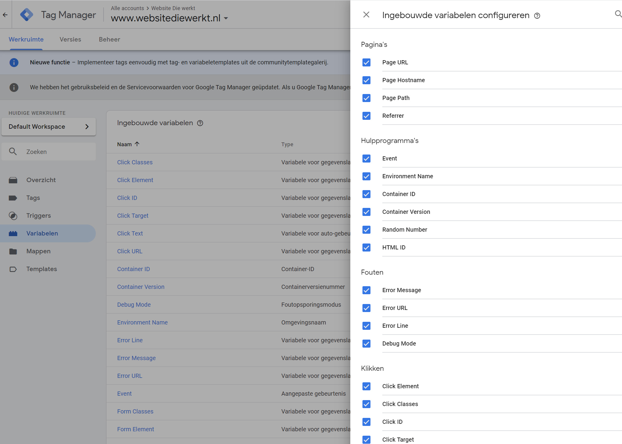 ingebouwde variabelen in google tag manager